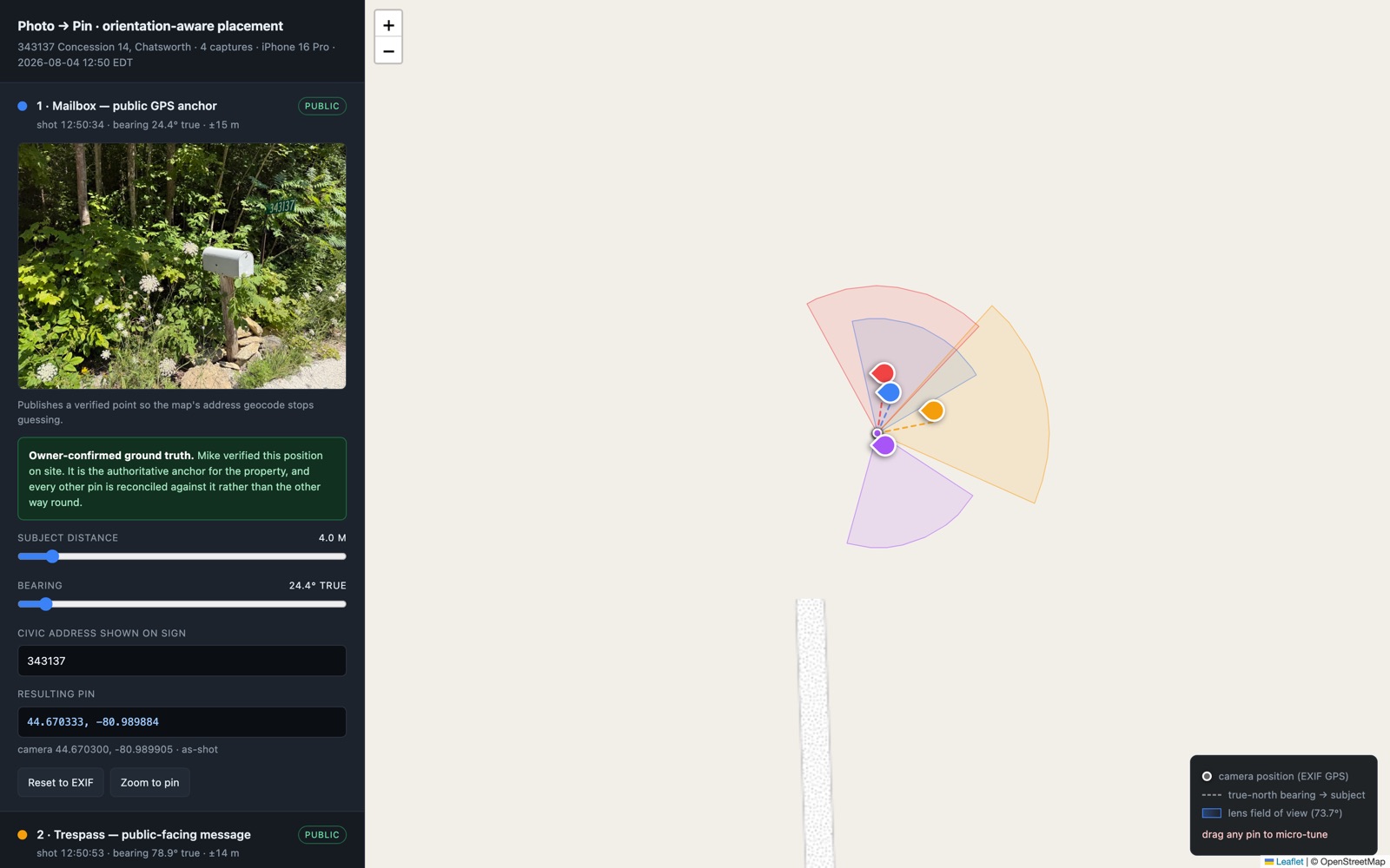 Photo to pin tool showing camera bearing cones on a map and the resulting verified pin